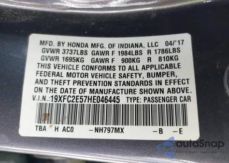 2017 Honda Civic Lx z USA, uszkodzony, nr VIN 19XFC2E57HE046445